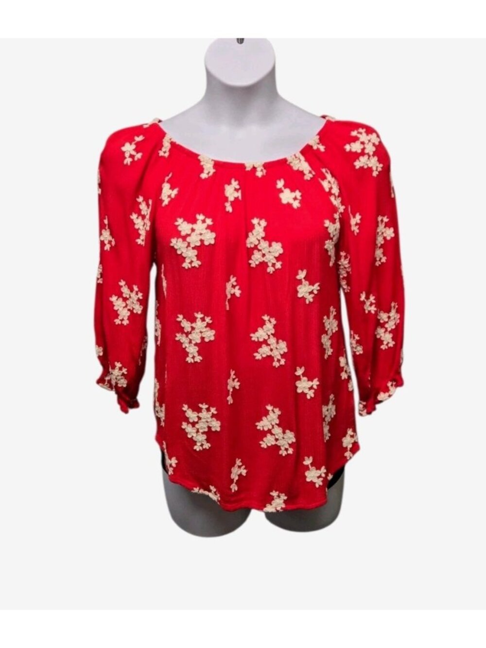Soft Surroundings Top Womens Small Red Peasant Milkmaid Blouse Embroidered Boho